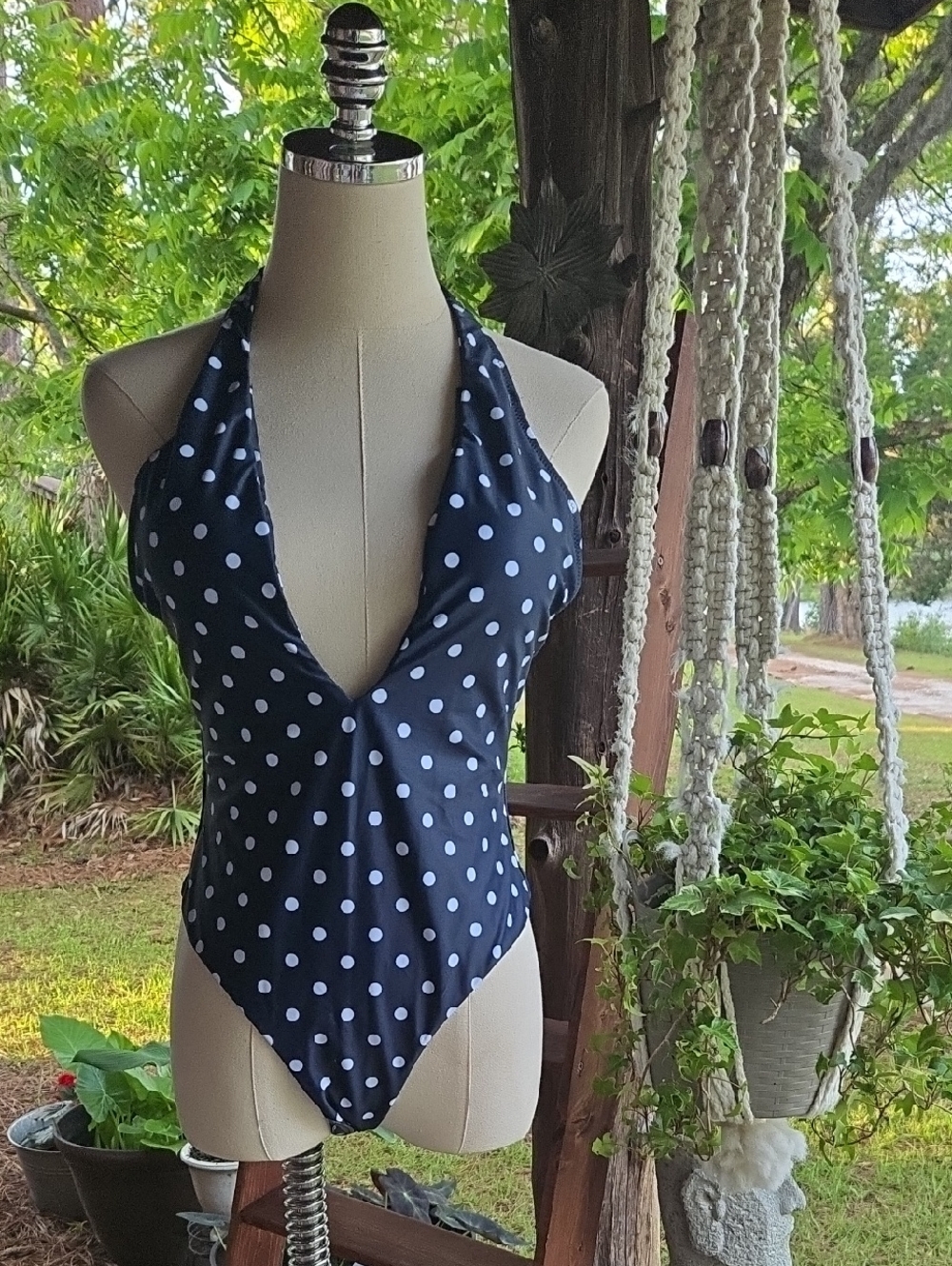 Navy Blue White Polka Dot Plunging Neckline Cheeky One Piece Swimsuit Size M